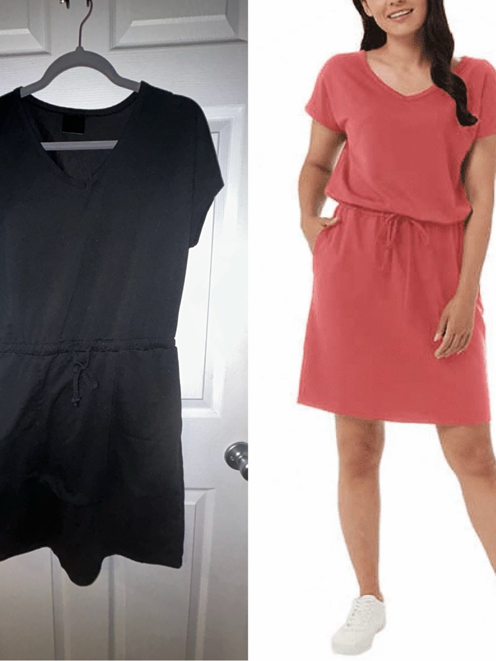 2-pack Casual Drawstring Waist T-Shirt Dresses with Pockets - Black and Coral